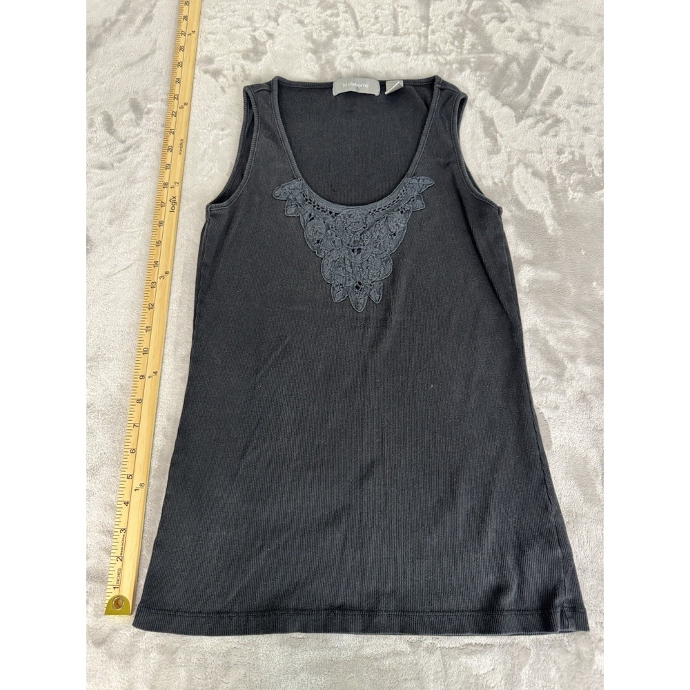 Liz Claiborne Floral Cami‎ Top Petite M Black Embroidered Stretch Career Casual